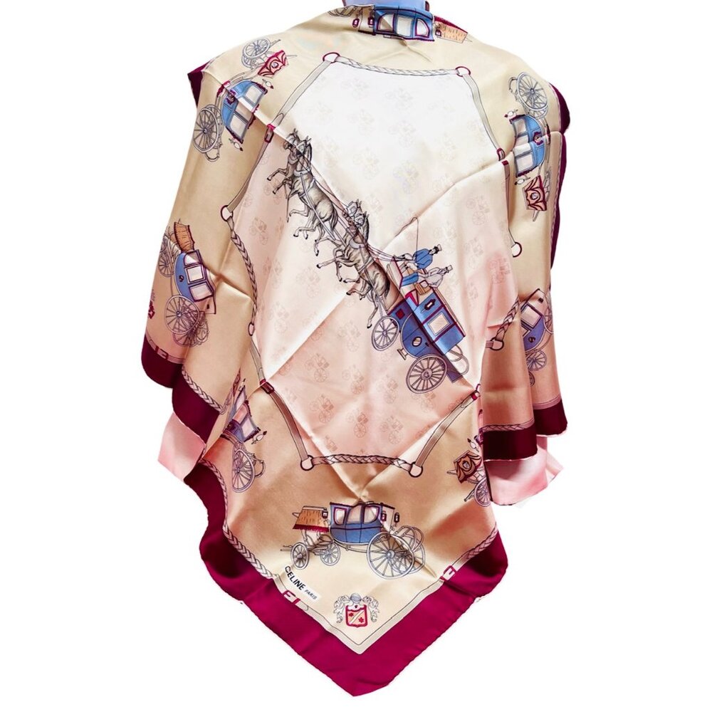 Unused Celine Paris Scarf 100% Silk 34" Gold Tan Brgendy Carriage Horses (39) - Picture 1 of 13